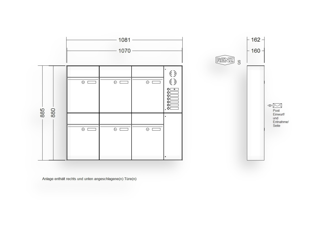 RENZ Briefkastenanlage Aufputz · 6-teilig RENZ PLAN 300 × 440 × 160 mm AP Installationskasten rechts Edel RENZ Briefkastenanlage Aufputz · 6-teilig RENZ PLAN 300 × 440 × 160 mm AP Installationskasten rechts Edel