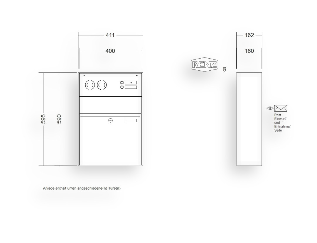 RENZ Briefkastenanlage Aufputz · 1-teilig RENZ PLAN 400 × 440 × 160 mm AP Inst. lackiert RENZ Briefkastenanlage Aufputz · 1-teilig RENZ PLAN 400 × 440 × 160 mm AP Inst. lackiert