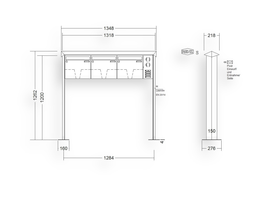 RENZ Briefkastenanlage freistehend · 3-teilig Installationskasten rechts 370 × 330 × 100 mm Edelstahl Prisma mit Fußplat RENZ Briefkastenanlage freistehend · 3-teilig Installationskasten rechts 370 × 330 × 100 mm Edelstahl Prisma mit F