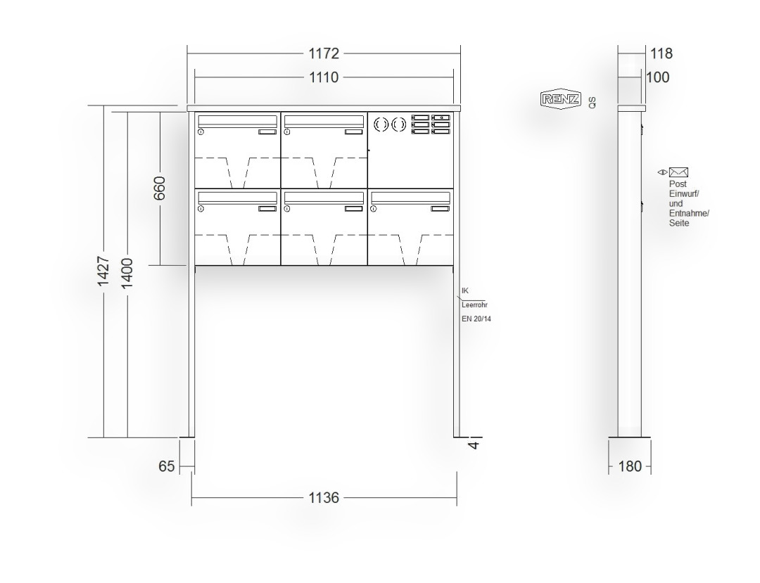 RENZ Briefkastenanlage freistehend · 5-teilig Installationskasten rechts 370 × 330 × 100 mm Edelstahl Tetro mit Fußplat RENZ Briefkastenanlage freistehend · 5-teilig Installationskasten rechts 370 × 330 × 100 mm Edelstahl Tetro mit Fu