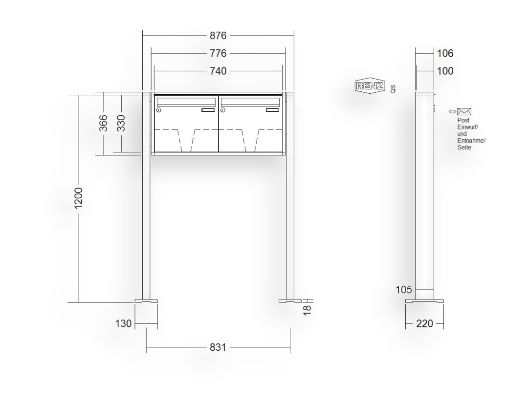 RENZ Briefkastenanlage freistehend · 2-teilig 370 × 330 × 100 mm QUADRA lackiert mit Fußplatten RENZ Briefkastenanlage freistehend · 2-teilig 370 × 330 × 100 mm QUADRA lackiert mit Fußplatten