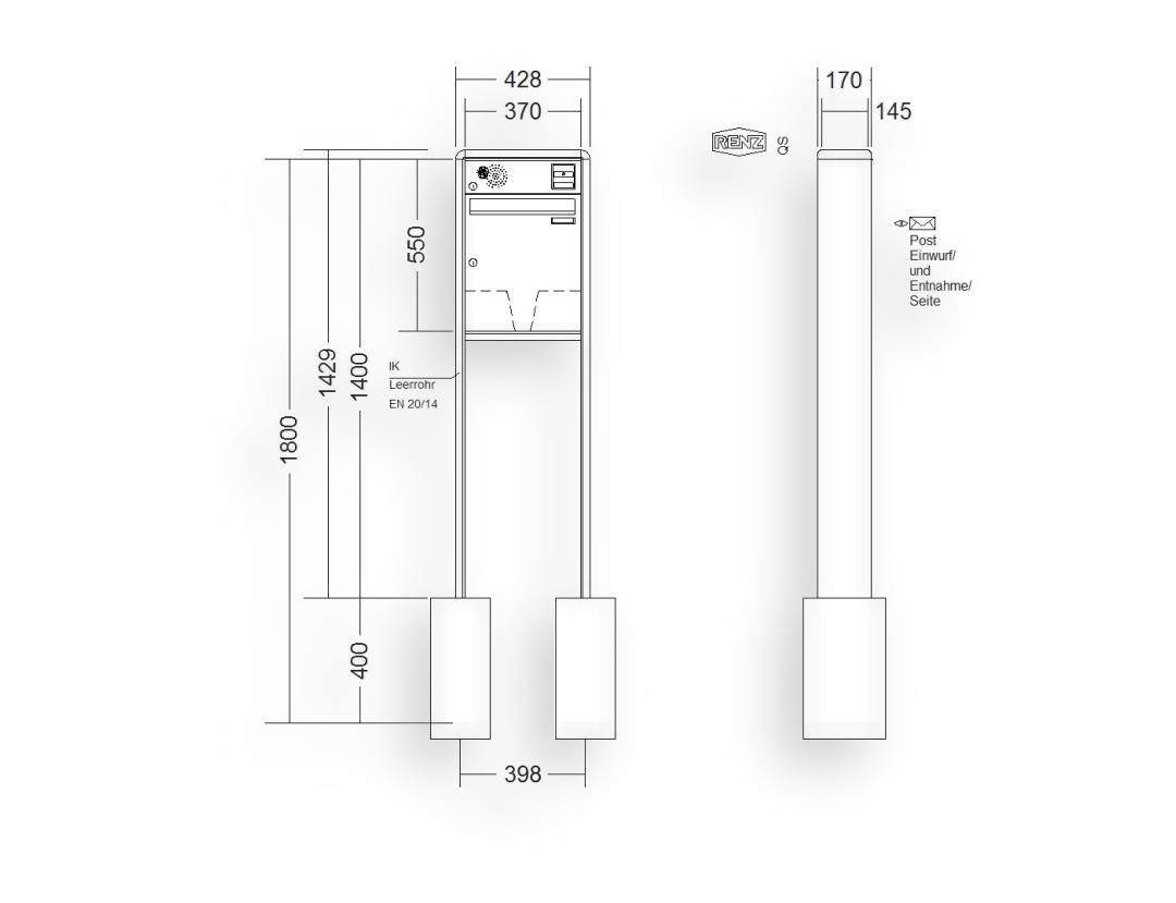 RENZ Briefkastenanlage freistehend · 1-teilig Installationskasten oben 370 × 440 × 145 mm RS 2000 lackiert RENZ Briefkastenanlage freistehend · 1-teilig Installationskasten oben 370 × 440 × 145 mm RS 2000 lackiert