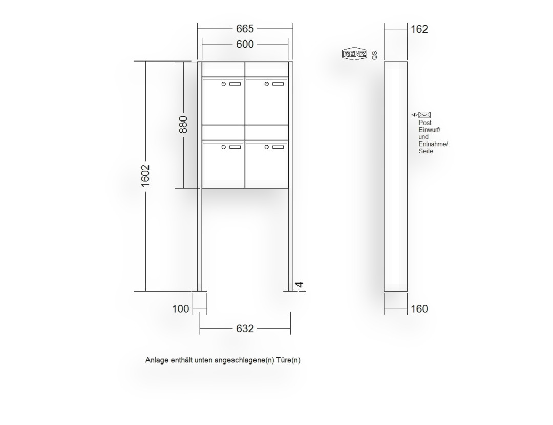 RENZ Briefkastenanlage freistehend · 4-teilig RENZ PLAN 300 × 440 × 160 mm FS lackiert mit Fußplatt RENZ Briefkastenanlage freistehend · 4-teilig RENZ PLAN 300 × 440 × 160 mm FS lackiert mit Fußplatt