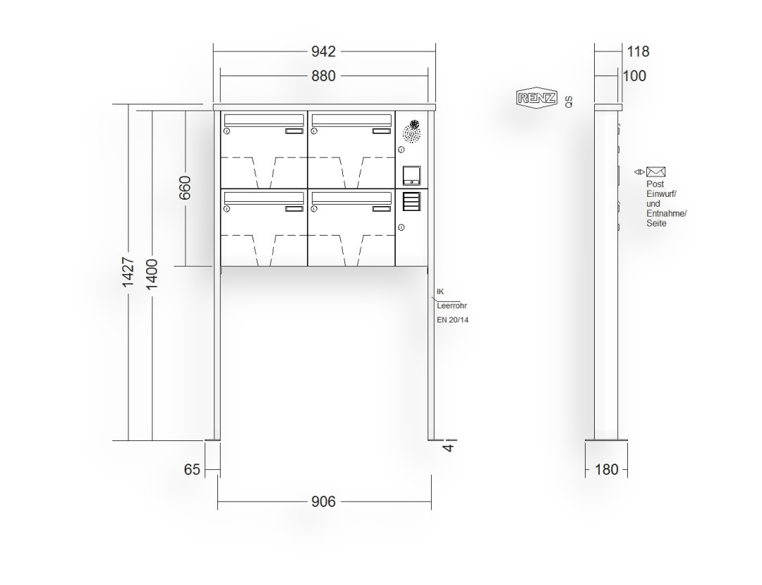 RENZ Briefkastenanlage freistehend · 4-teilig Installationskasten rechts 370 × 330 × 100 mm Tetro lackiert mit Fuß RENZ Briefkastenanlage freistehend · 4-teilig Installationskasten rechts 370 × 330 × 100 mm Tetro lackiert mit Fuß