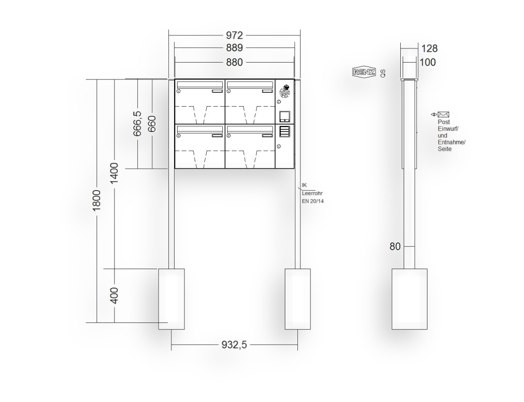 RENZ Briefkastenanlage freistehend · BASIC (B) · 4-teilig 370 × 330 × 100 mm FS. Typ B Installationskasten rechts lackiert RENZ Briefkastenanlage freistehend · BASIC (B) · 4-teilig 370 × 330 × 100 mm FS. Typ B Installationskasten rechts