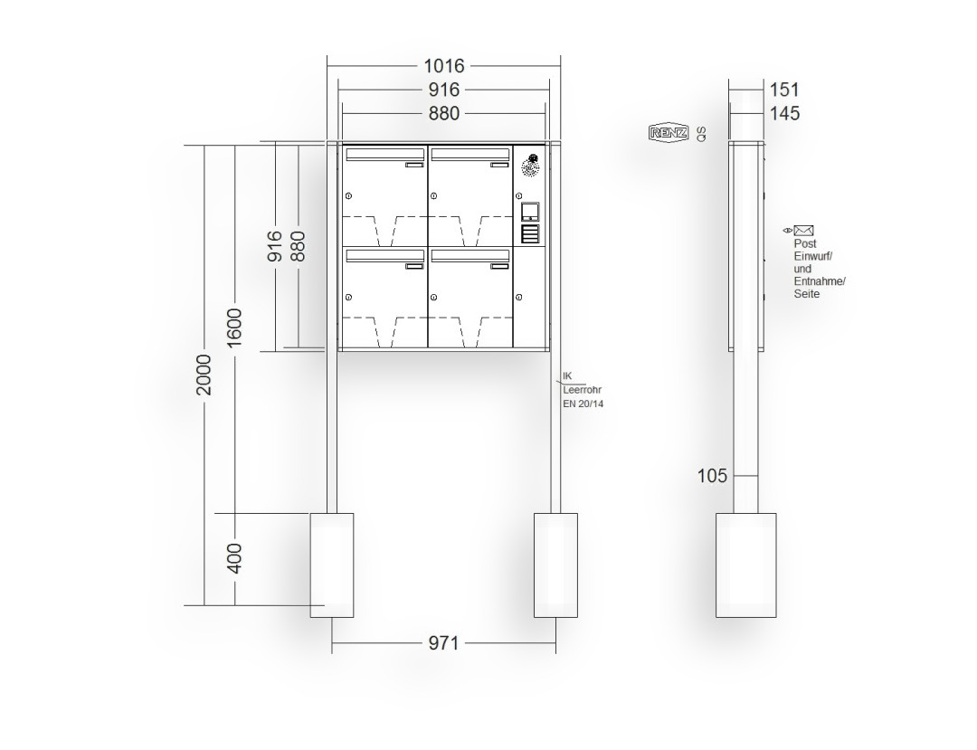 RENZ Briefkastenanlage freistehend · 4-teilig Installationskasten rechts 370 × 440 × 145 mm QUADRA lackiert RENZ Briefkastenanlage freistehend · 4-teilig Installationskasten rechts 370 × 440 × 145 mm QUADRA lackiert
