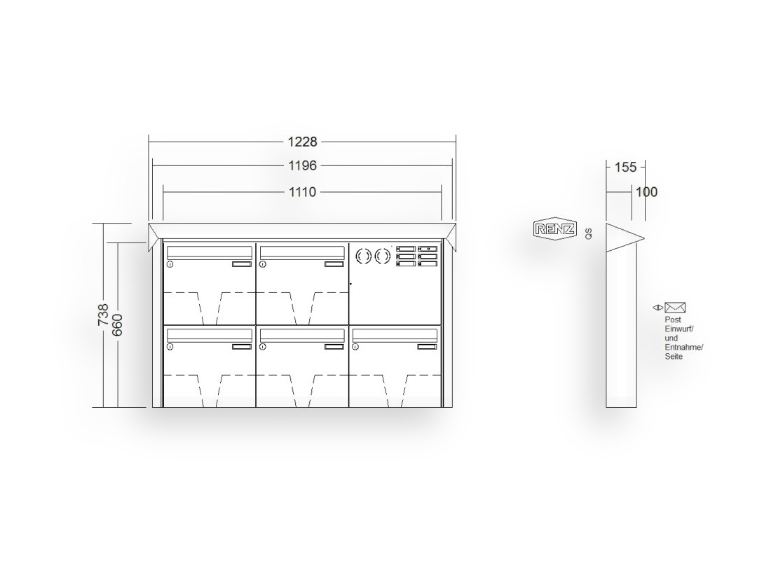 RENZ Briefkastenanlage Aufputz · 5-teilig Installationskasten rechts 370 × 330 × 100 mm Edelstahl Prisma RENZ Briefkastenanlage Aufputz · 5-teilig Installationskasten rechts 370 × 330 × 100 mm Edelstahl Prisma
