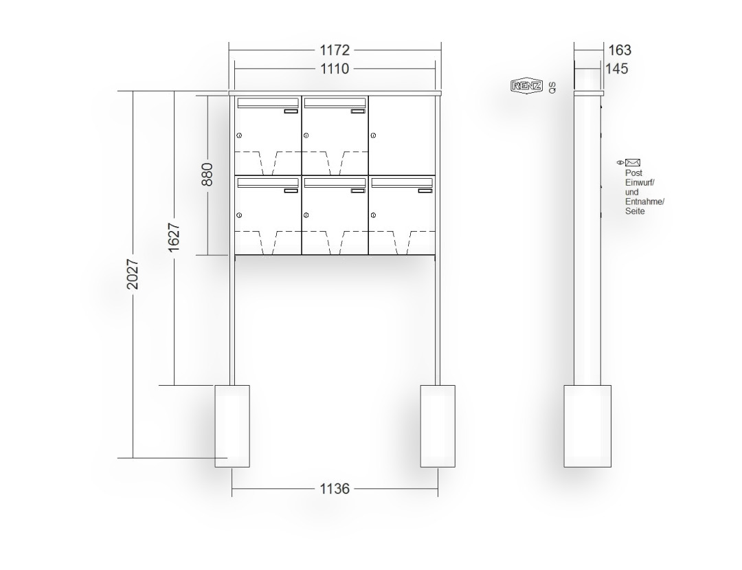 RENZ Briefkastenanlage freistehend · 5-teilig 370 × 440 × 145 mm Edelstahl Tetro RENZ Briefkastenanlage freistehend · 5-teilig 370 × 440 × 145 mm Edelstahl Tetro