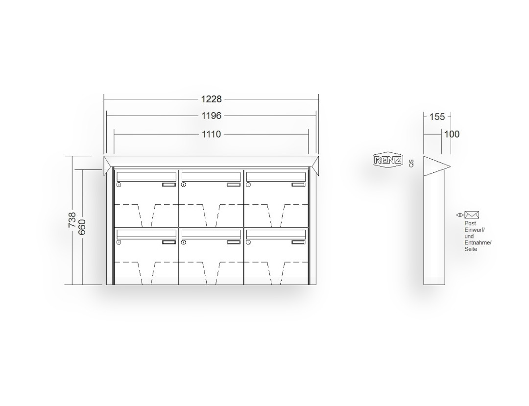 RENZ Briefkastenanlage Aufputz · 6-teilig 370 × 330 × 100 mm Edelstahl Prisma RENZ Briefkastenanlage Aufputz · 6-teilig 370 × 330 × 100 mm Edelstahl Prisma