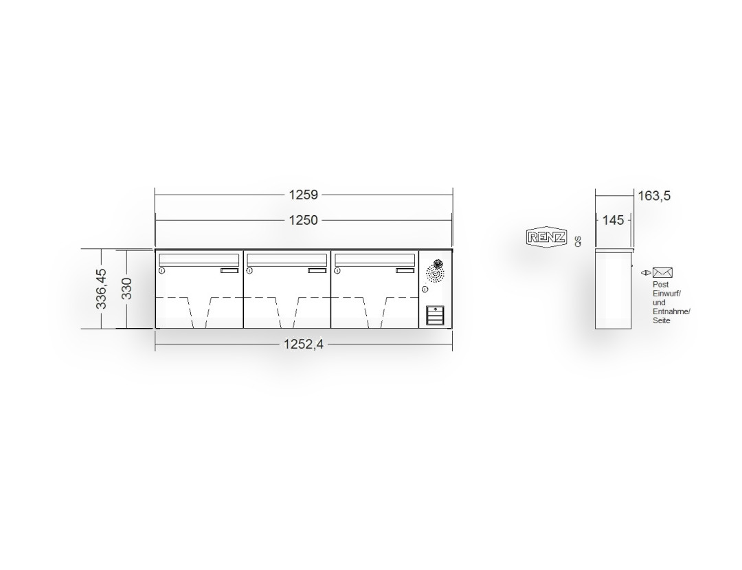 RENZ Briefkastenanlage Aufputz · BASIC (B) · 3-teilig 370 × 330 × 145 mm AP. Typ B Installationskasten rechts Edel RENZ Briefkastenanlage Aufputz · BASIC (B) · 3-teilig 370 × 330 × 145 mm AP. Typ B Installationskasten rechts Edel