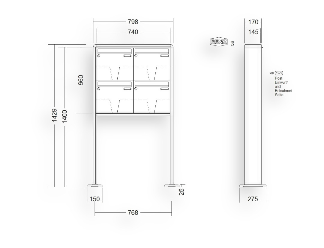 RENZ Briefkastenanlage freistehend · 4-teilig 370 × 330 × 145 mm RS 2000 lackiert mit Fußplatten RENZ Briefkastenanlage freistehend · 4-teilig 370 × 330 × 145 mm RS 2000 lackiert mit Fußplatten