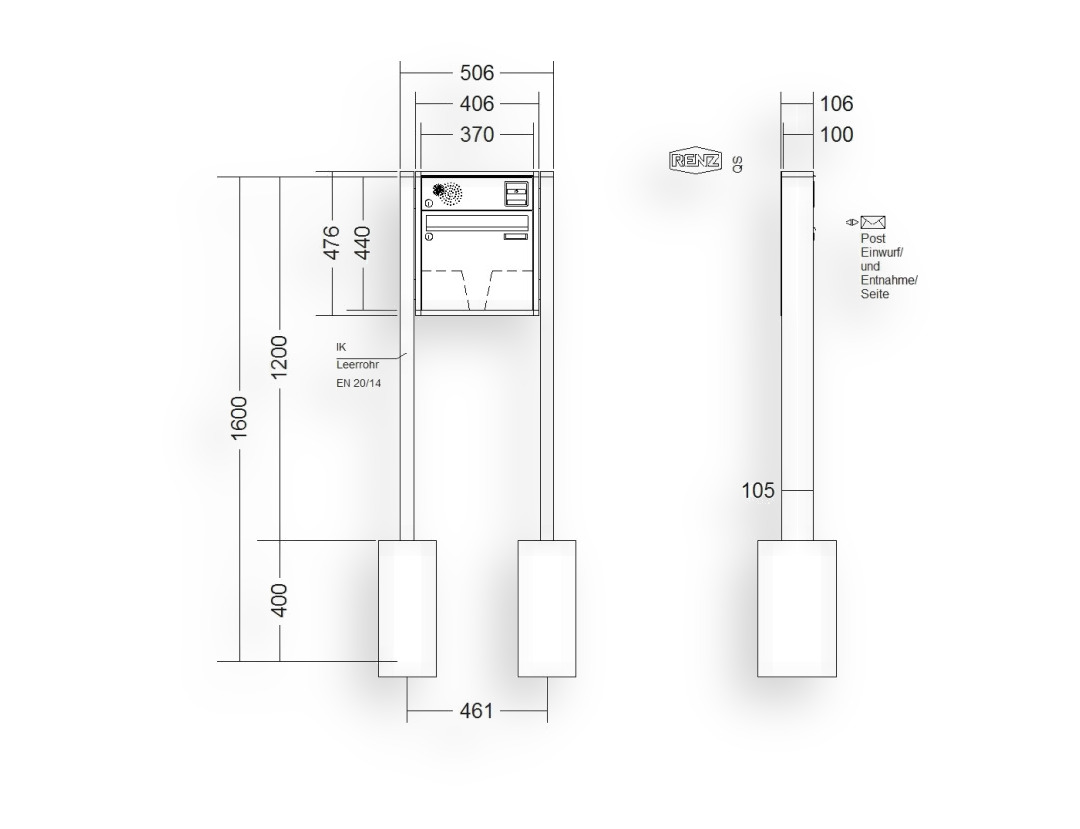 RENZ Briefkastenanlage freistehend · 1-teilig Installationskasten oben 370 × 330 × 100 mm QUADRA lackiert RENZ Briefkastenanlage freistehend · 1-teilig Installationskasten oben 370 × 330 × 100 mm QUADRA lackiert