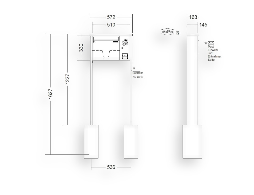 RENZ Briefkastenanlage freistehend · 1-teilig Installationskasten rechts 370 × 330 × 145 mm Tetro lackiert RENZ Briefkastenanlage freistehend · 1-teilig Installationskasten rechts 370 × 330 × 145 mm Tetro lackiert