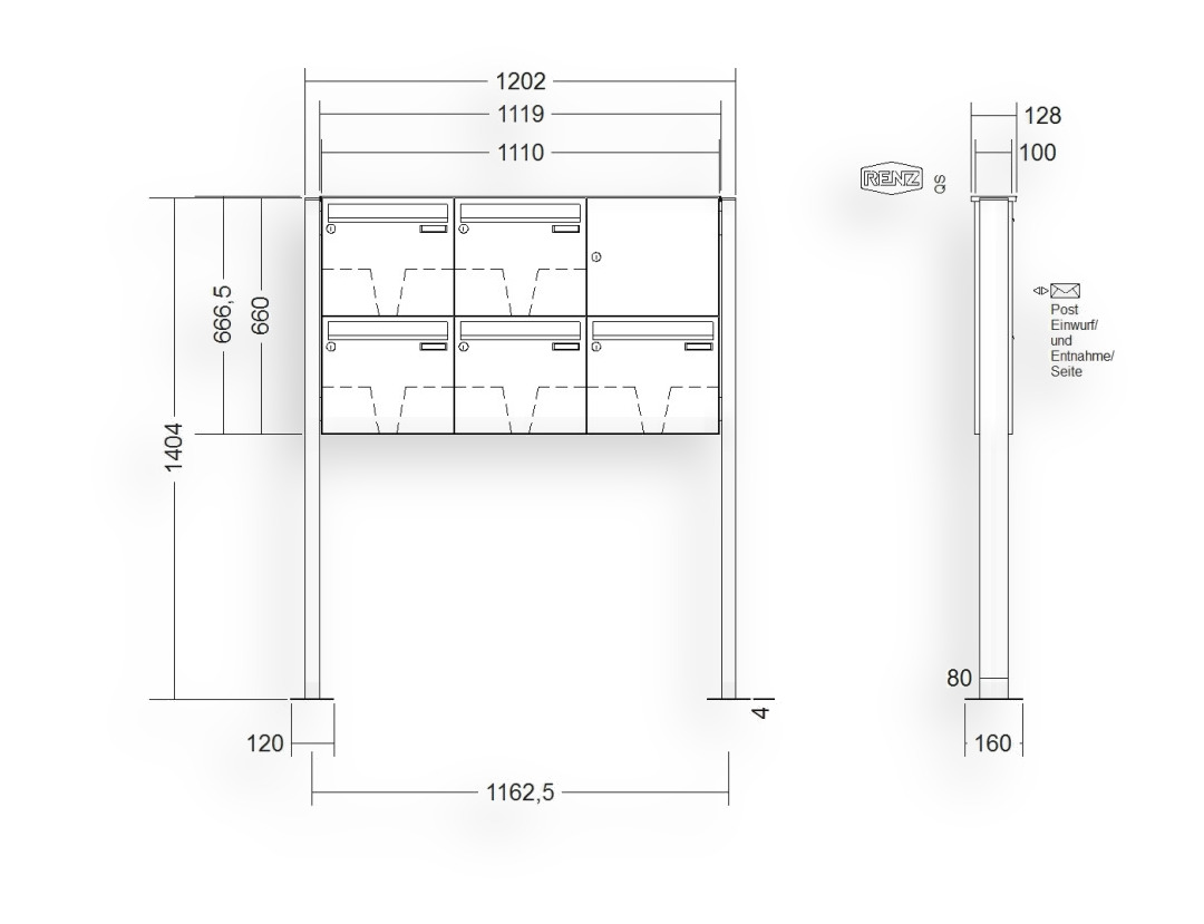 RENZ Briefkastenanlage freistehend · BASIC (B) · 5-teilig 370 × 330 × 100 mm FS. Typ B lackiert mit Fußplatte RENZ Briefkastenanlage freistehend · BASIC (B) · 5-teilig 370 × 330 × 100 mm FS. Typ B lackiert mit Fußplatte