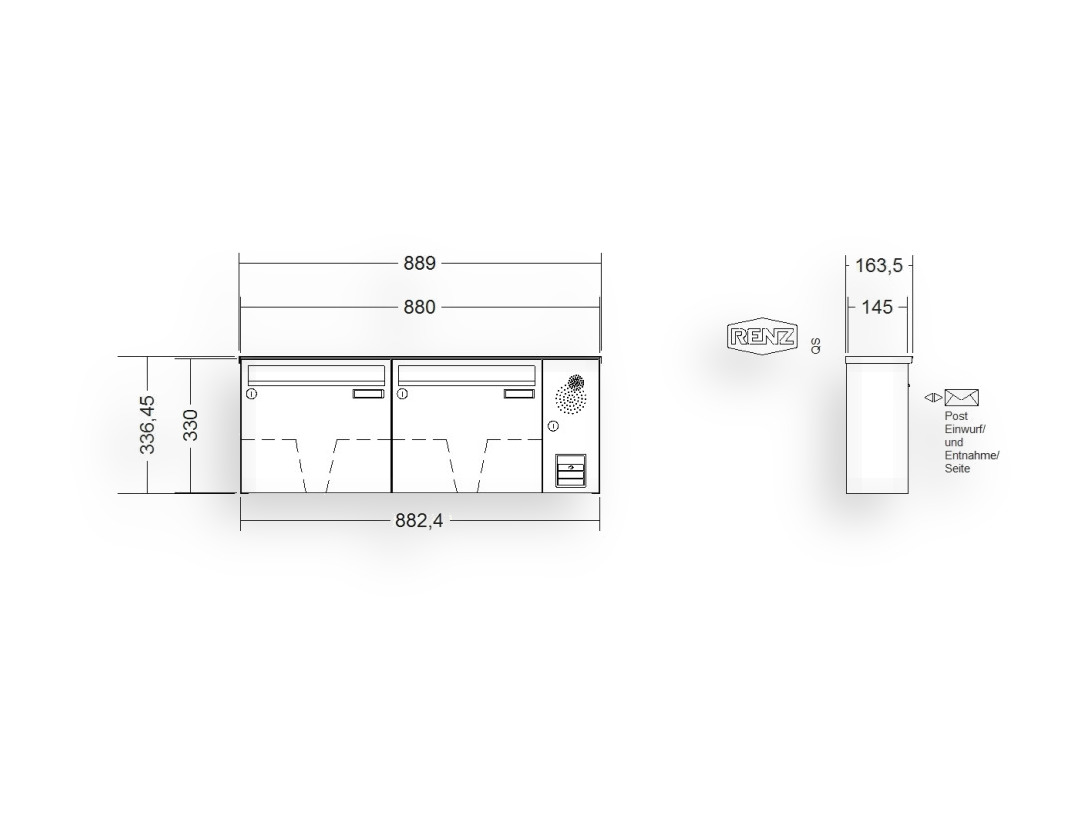 RENZ Briefkastenanlage Aufputz · BASIC (B) · 2-teilig 370 × 330 × 145 mm AP. Typ B Installationskasten rechts Edel RENZ Briefkastenanlage Aufputz · BASIC (B) · 2-teilig 370 × 330 × 145 mm AP. Typ B Installationskasten rechts Edel