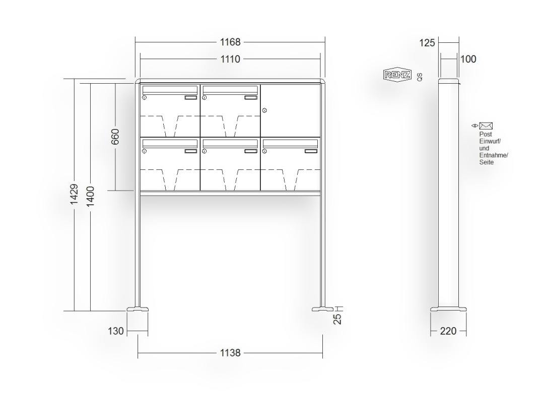 RENZ Briefkastenanlage freistehend · 5-teilig 370 × 330 × 100 mm RS 2000 lackiert mit Fußplatten RENZ Briefkastenanlage freistehend · 5-teilig 370 × 330 × 100 mm RS 2000 lackiert mit Fußplatten