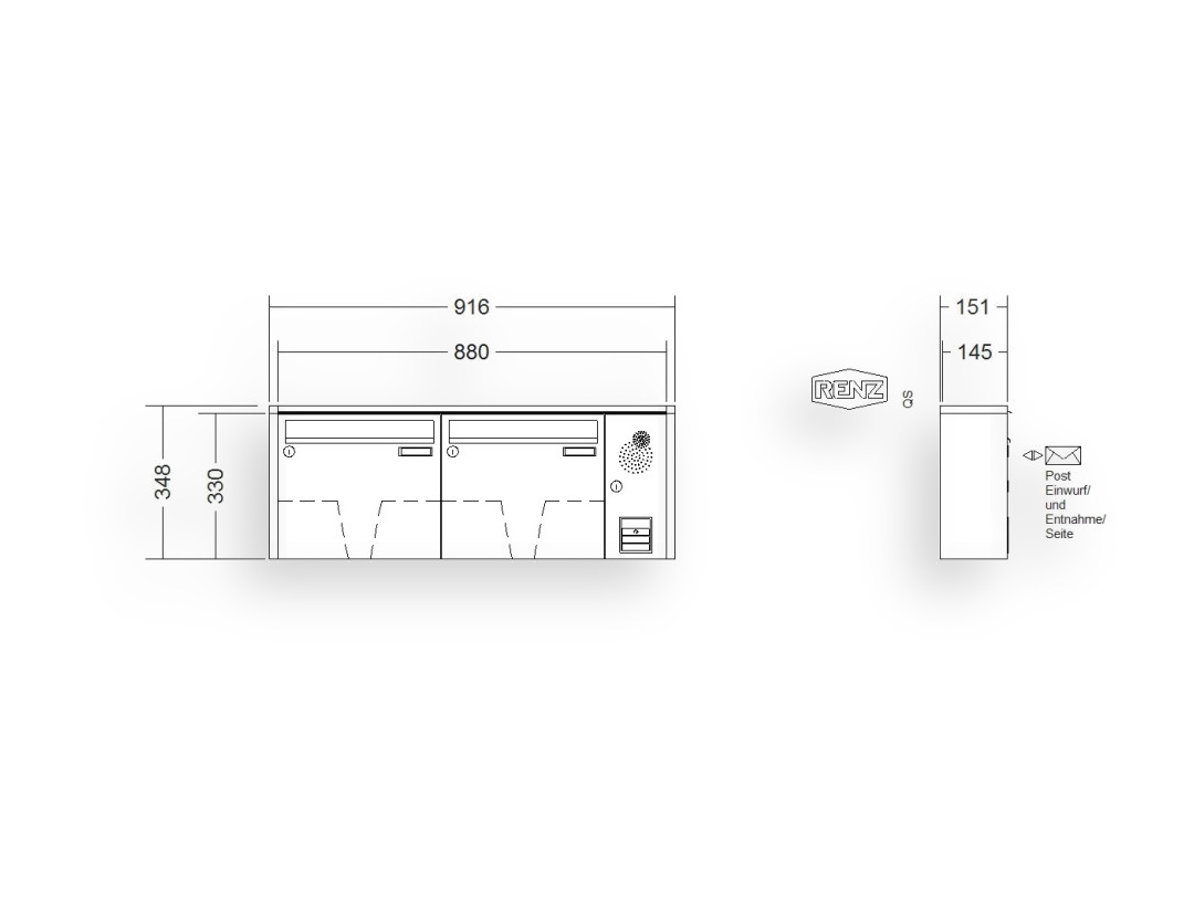 RENZ Briefkastenanlage Aufputz · 2-teilig Installationskasten rechts 370 × 330 × 145 mm QUADRA lackiert RENZ Briefkastenanlage Aufputz · 2-teilig Installationskasten rechts 370 × 330 × 145 mm QUADRA lackiert