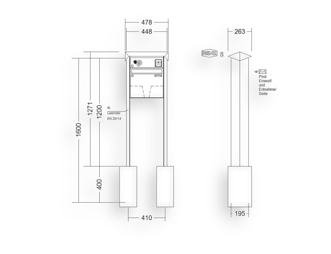 RENZ Briefkastenanlage freistehend · 1-teilig Installationskasten oben 370 × 330 × 145 mm Prisma lackiert RENZ Briefkastenanlage freistehend · 1-teilig Installationskasten oben 370 × 330 × 145 mm Prisma lackiert