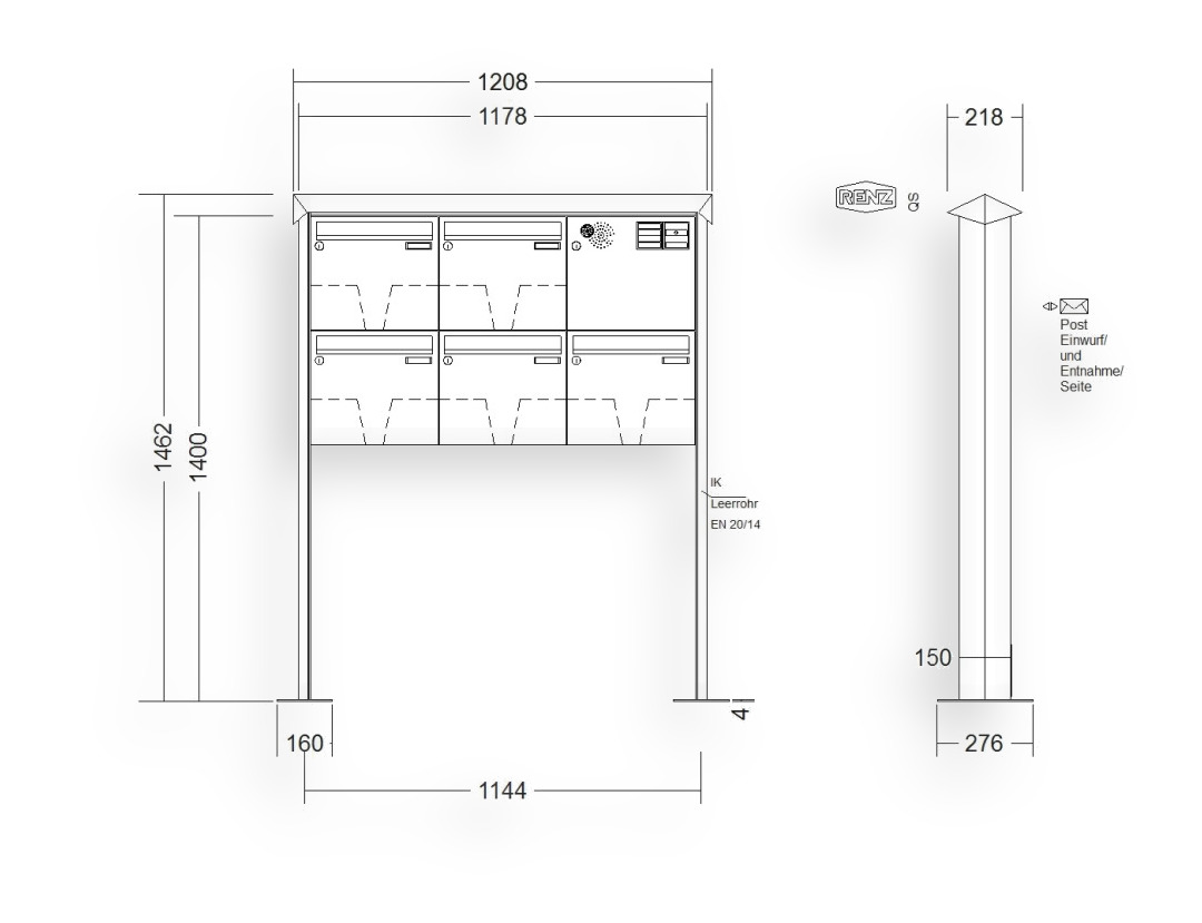 RENZ Briefkastenanlage freistehend · 5-teilig Installationskasten rechts 370 × 330 × 100 mm Prisma lackiert mit Fuß RENZ Briefkastenanlage freistehend · 5-teilig Installationskasten rechts 370 × 330 × 100 mm Prisma lackiert mit Fuß