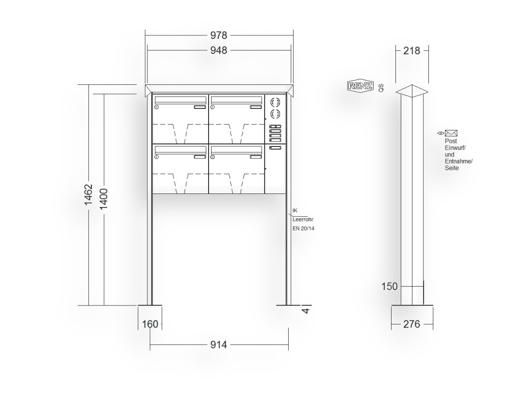 RENZ Briefkastenanlage freistehend · 4-teilig Installationskasten rechts 370 × 330 × 100 mm Edelstahl Prisma mit Fußplat RENZ Briefkastenanlage freistehend · 4-teilig Installationskasten rechts 370 × 330 × 100 mm Edelstahl Prisma mit F