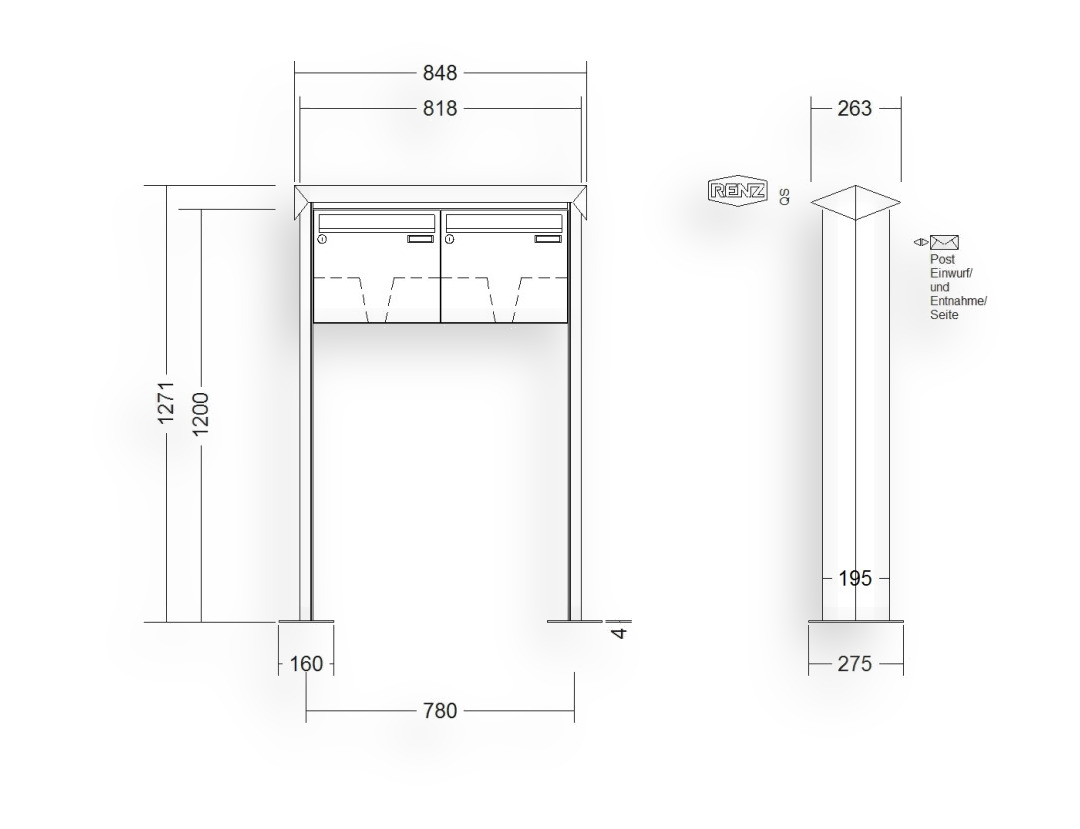 RENZ Briefkastenanlage freistehend · 2-teilig 370 × 330 × 145 mm Prisma lackiert mit Fußplatten RENZ Briefkastenanlage freistehend · 2-teilig 370 × 330 × 145 mm Prisma lackiert mit Fußplatten