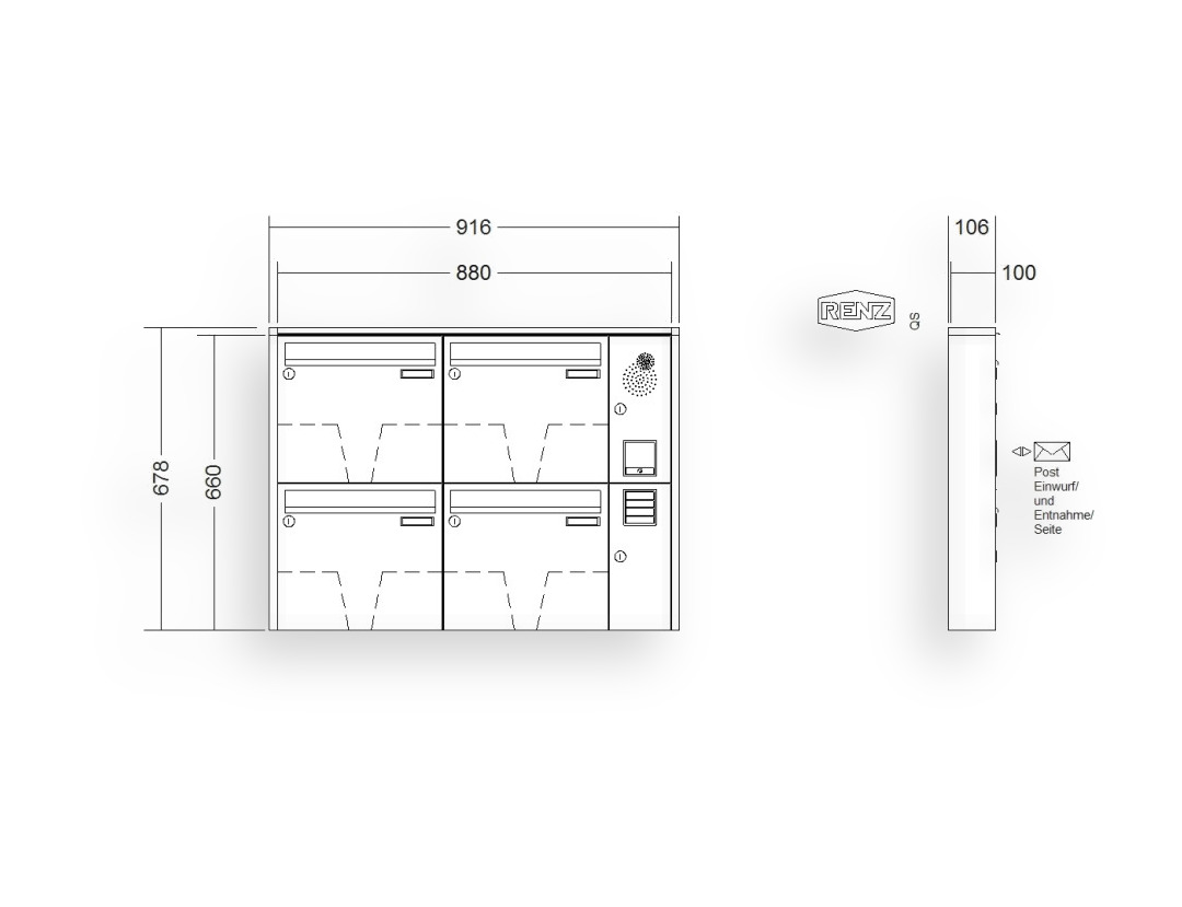 RENZ Briefkastenanlage Aufputz · 4-teilig Installationskasten rechts 370 × 330 × 100 mm QUADRA lackiert RENZ Briefkastenanlage Aufputz · 4-teilig Installationskasten rechts 370 × 330 × 100 mm QUADRA lackiert