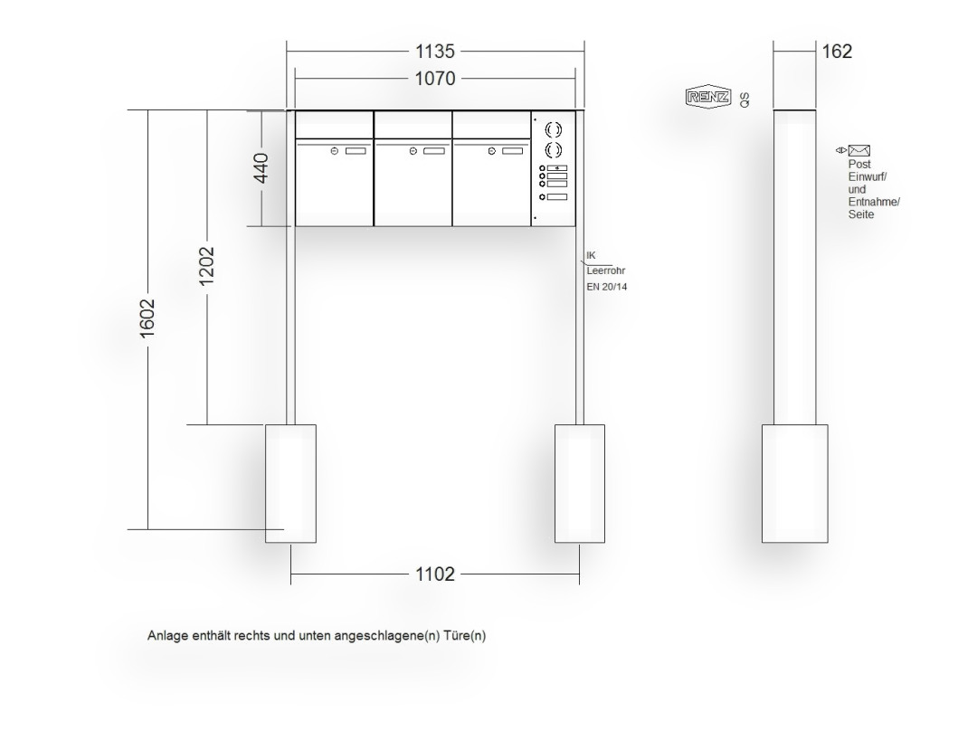 RENZ Briefkastenanlage freistehend · 3-teilig RENZ PLAN 300 × 440 × 160 mm FS Installationskasten rechts Edelstah