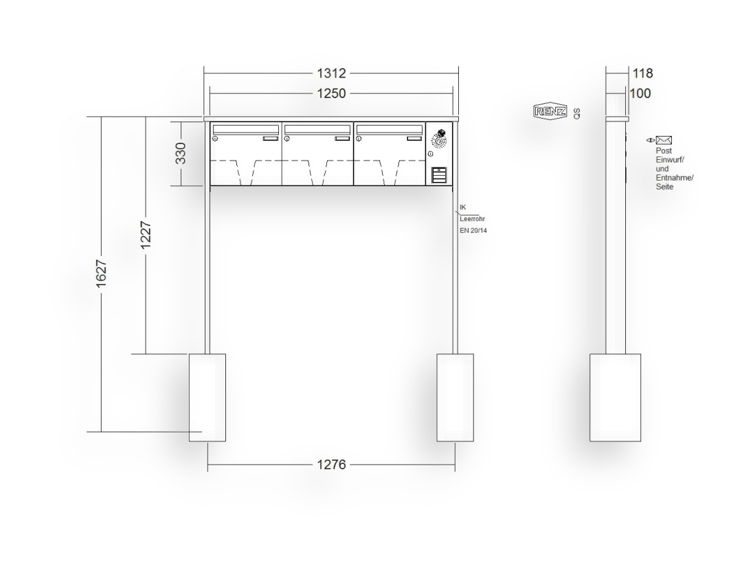 RENZ Briefkastenanlage freistehend · 3-teilig Installationskasten rechts 370 × 330 × 100 mm Tetro lackiert RENZ Briefkastenanlage freistehend · 3-teilig Installationskasten rechts 370 × 330 × 100 mm Tetro lackiert