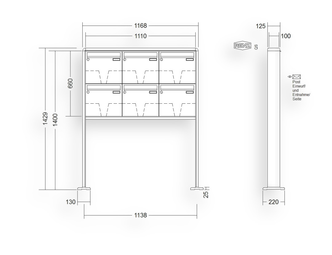 RENZ Briefkastenanlage freistehend · 6-teilig 370 × 330 × 100 mm RS 2000 lackiert mit Fußplatten RENZ Briefkastenanlage freistehend · 6-teilig 370 × 330 × 100 mm RS 2000 lackiert mit Fußplatten