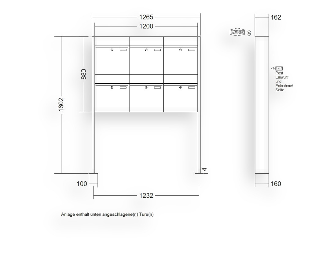 RENZ Briefkastenanlage freistehend · 6-teilig RENZ PLAN 400 × 440 × 160 mm FS lackiert mit Fußplatt RENZ Briefkastenanlage freistehend · 6-teilig RENZ PLAN 400 × 440 × 160 mm FS lackiert mit Fußplatt