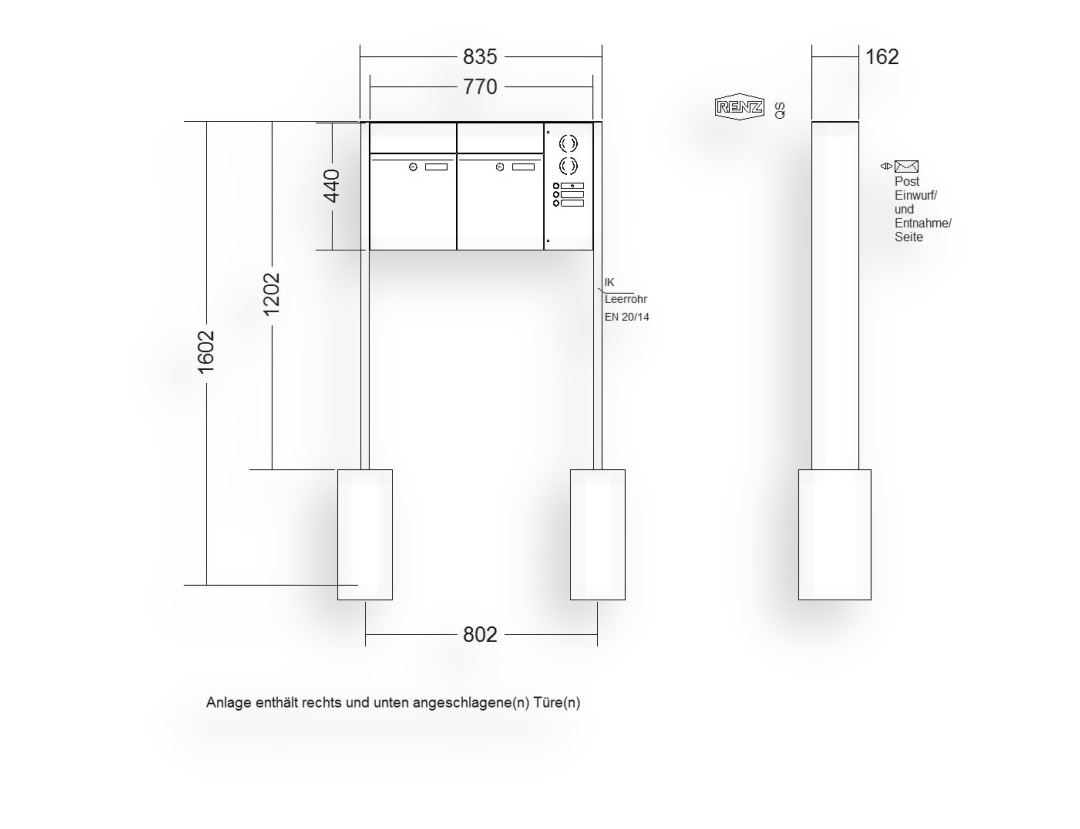 RENZ Briefkastenanlage freistehend · 2-teilig RENZ PLAN 300 × 440 × 160 mm FS Installationskasten rechts Edelstah