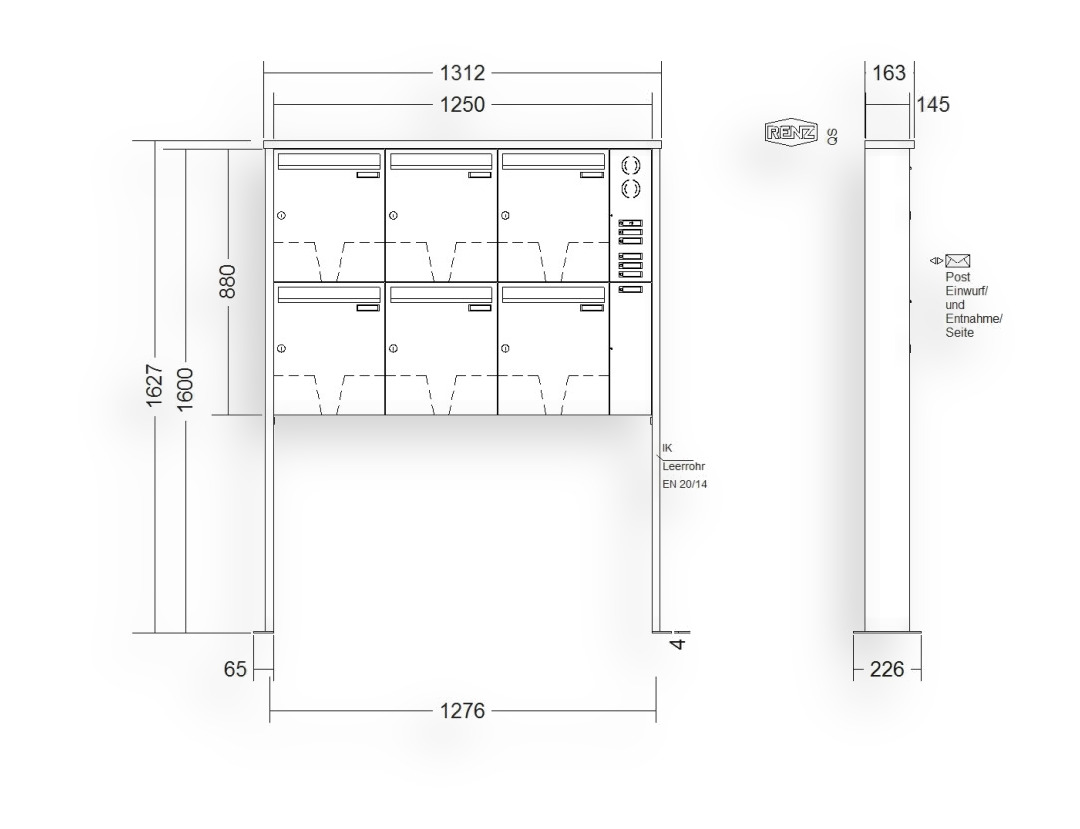 RENZ Briefkastenanlage freistehend · 6-teilig Installationskasten rechts 370 × 440 × 145 mm Edelstahl Tetro mit Fußplat RENZ Briefkastenanlage freistehend · 6-teilig Installationskasten rechts 370 × 440 × 145 mm Edelstahl Tetro mit Fu
