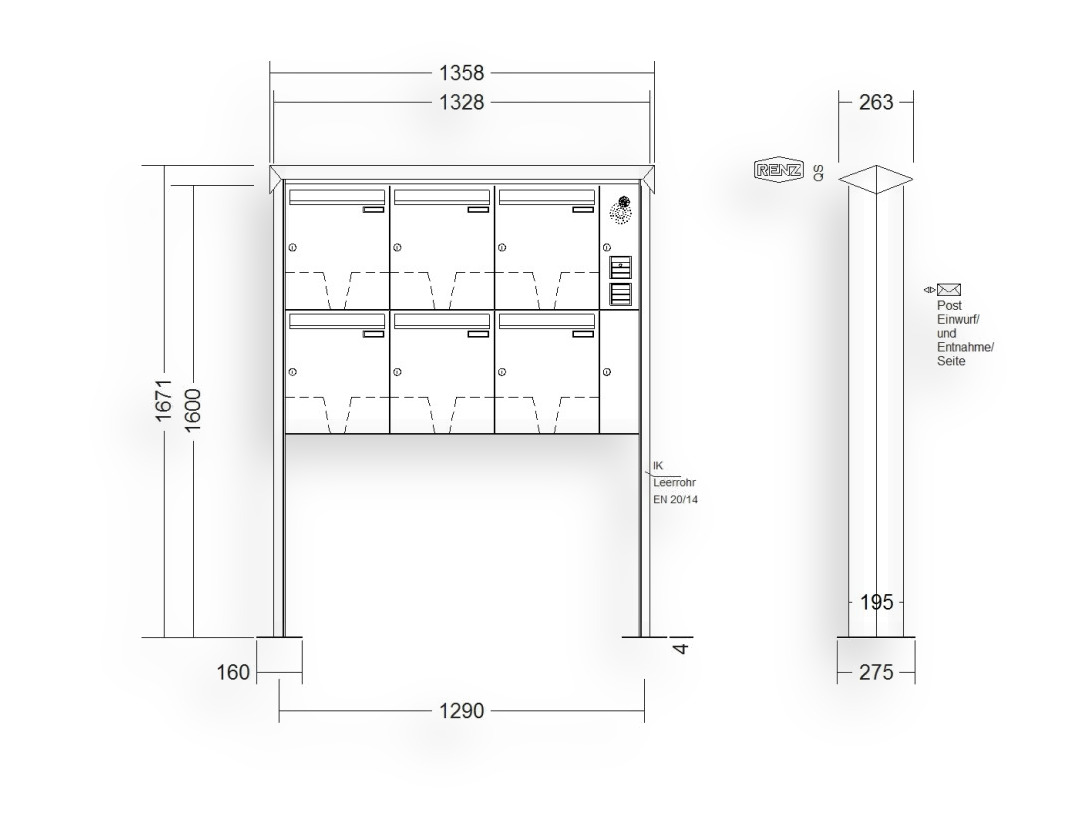 RENZ Briefkastenanlage freistehend · 6-teilig Installationskasten rechts 370 × 440 × 145 mm Prisma lackiert mit Fuß RENZ Briefkastenanlage freistehend · 6-teilig Installationskasten rechts 370 × 440 × 145 mm Prisma lackiert mit Fuß