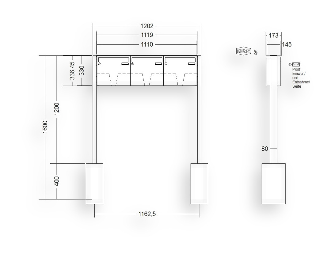 RENZ Briefkastenanlage freistehend · BASIC (B) · 3-teilig 370 × 330 × 145 mm FS. Typ B Edel RENZ Briefkastenanlage freistehend · BASIC (B) · 3-teilig 370 × 330 × 145 mm FS. Typ B Edel
