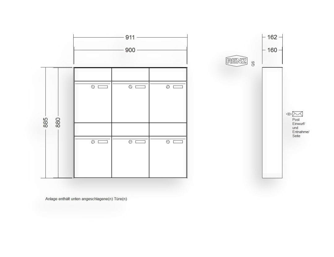 RENZ Briefkastenanlage Aufputz · 6-teilig RENZ PLAN 300 × 440 × 160 mm AP Edelstahl RENZ Briefkastenanlage Aufputz · 6-teilig RENZ PLAN 300 × 440 × 160 mm AP Edelstahl