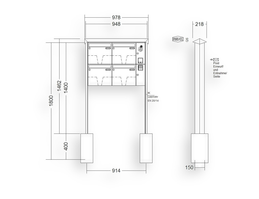 RENZ Briefkastenanlage freistehend · 4-teilig Installationskasten rechts 370 × 330 × 100 mm Prisma lackiert RENZ Briefkastenanlage freistehend · 4-teilig Installationskasten rechts 370 × 330 × 100 mm Prisma lackiert