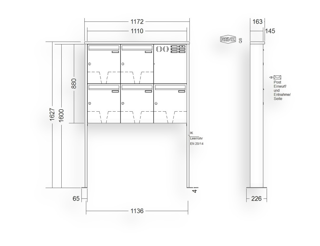RENZ Briefkastenanlage freistehend · 5-teilig Installationskasten rechts 370 × 440 × 145 mm Edelstahl Tetro mit Fußplat RENZ Briefkastenanlage freistehend · 5-teilig Installationskasten rechts 370 × 440 × 145 mm Edelstahl Tetro mit Fu