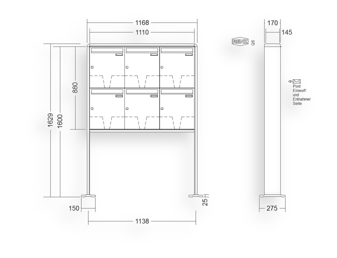 RENZ Briefkastenanlage freistehend · 6-teilig 370 × 440 × 145 mm RS 2000 lackiert mit Fußplatten RENZ Briefkastenanlage freistehend · 6-teilig 370 × 440 × 145 mm RS 2000 lackiert mit Fußplatten