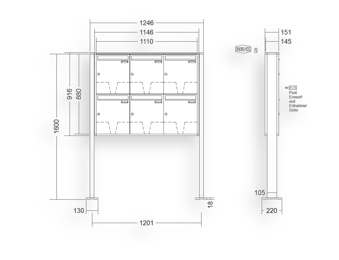 RENZ Briefkastenanlage freistehend · 6-teilig 370 × 440 × 145 mm QUADRA lackiert mit Fuß RENZ Briefkastenanlage freistehend · 6-teilig 370 × 440 × 145 mm QUADRA lackiert mit Fuß