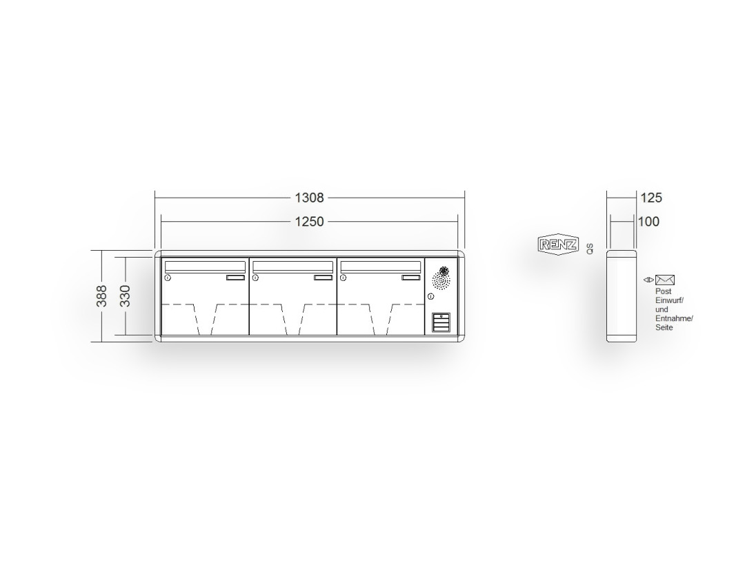 RENZ Briefkastenanlage Aufputz · 3-teilig Installationskasten rechts 370 × 330 × 100 mm RS 2000 lackiert RENZ Briefkastenanlage Aufputz · 3-teilig Installationskasten rechts 370 × 330 × 100 mm RS 2000 lackiert