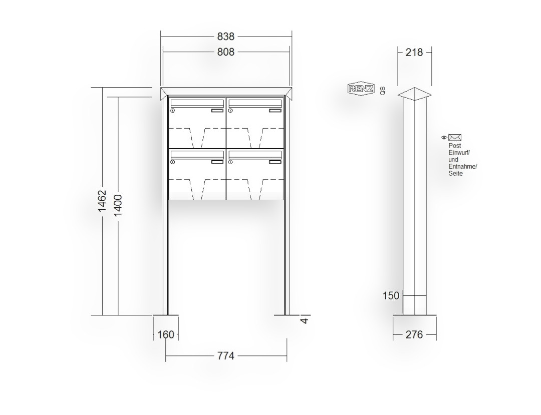 RENZ Briefkastenanlage freistehend · 4-teilig 370 × 330 × 100 mm Prisma lackiert mit Fußplatten