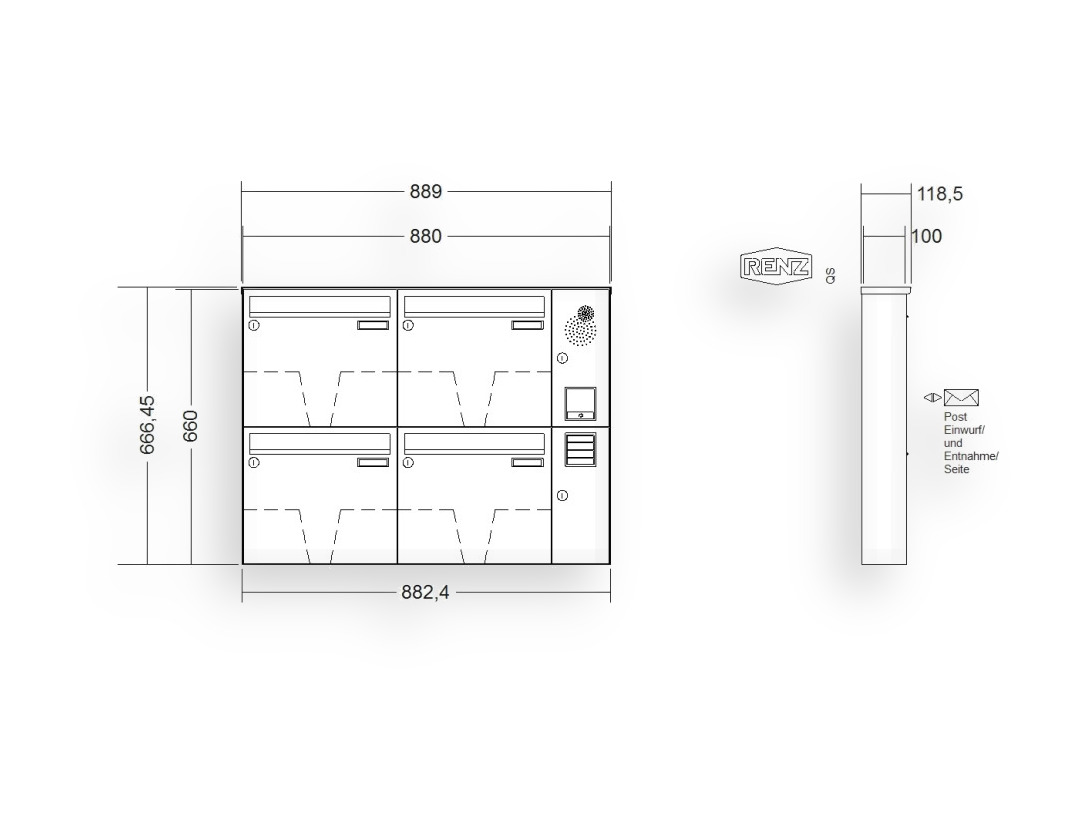 RENZ Briefkastenanlage Aufputz · BASIC (B) · 4-teilig 370 × 330 × 100 mm AP. Typ B Installationskasten rechts Edel RENZ Briefkastenanlage Aufputz · BASIC (B) · 4-teilig 370 × 330 × 100 mm AP. Typ B Installationskasten rechts Edel