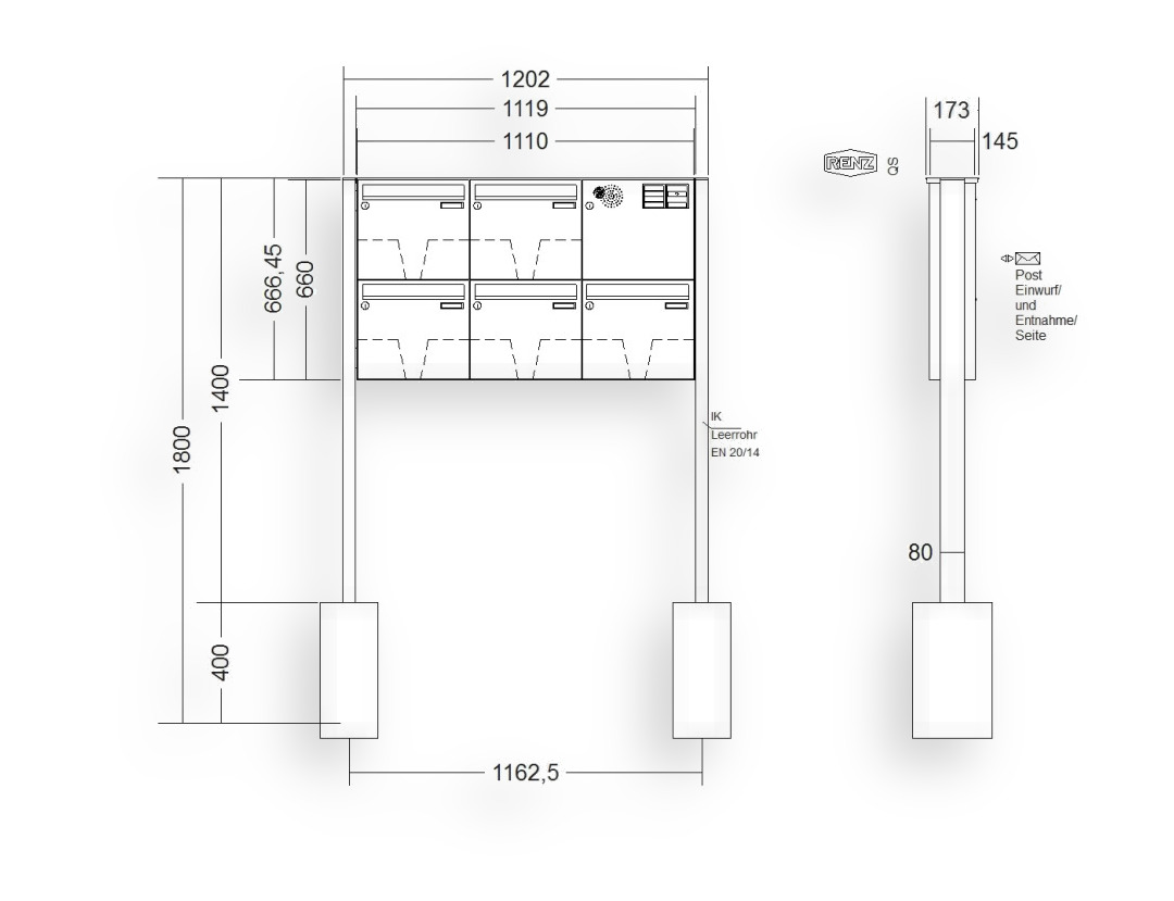 RENZ Briefkastenanlage freistehend · BASIC (B) · 5-teilig 370 × 330 × 145 mm FS. Typ B Installationskasten rechts