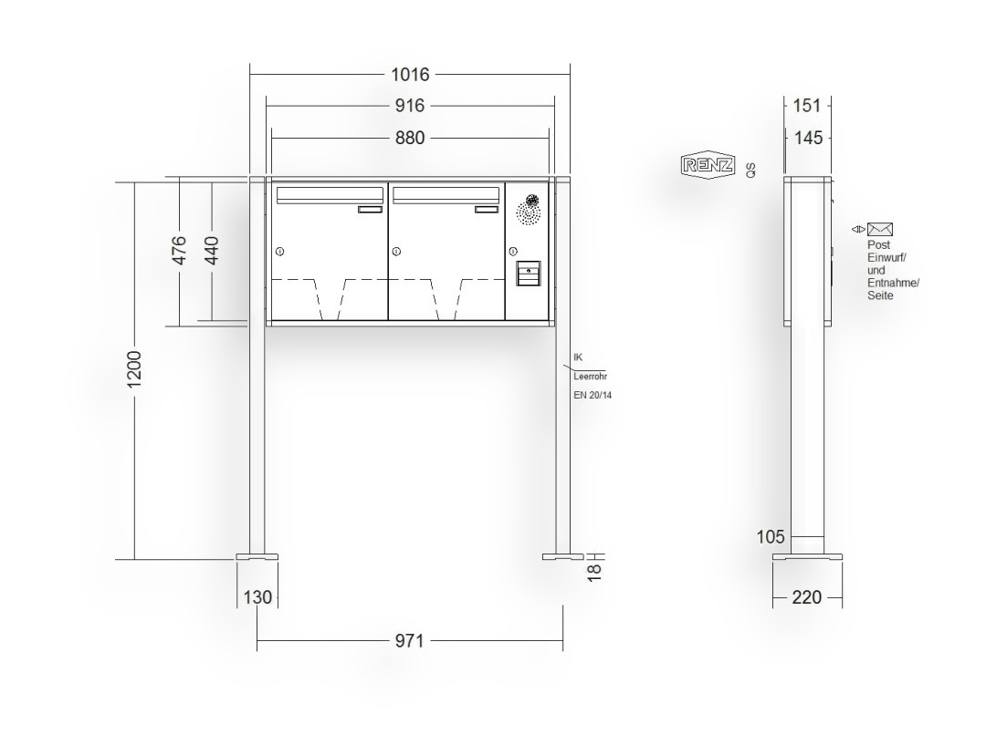RENZ Briefkastenanlage freistehend · 2-teilig Installationskasten rechts 370 × 440 × 145 mm QUADRA lackiert mit Fuß RENZ Briefkastenanlage freistehend · 2-teilig Installationskasten rechts 370 × 440 × 145 mm QUADRA lackiert mit Fuß