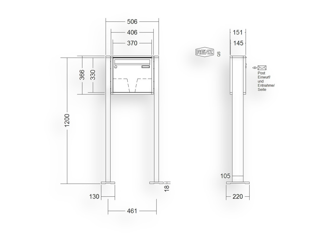 RENZ Briefkastenanlage freistehend · 1-teilig 370 × 330 × 145 mm QUADRA lackiert mit Fuß RENZ Briefkastenanlage freistehend · 1-teilig 370 × 330 × 145 mm QUADRA lackiert mit Fuß