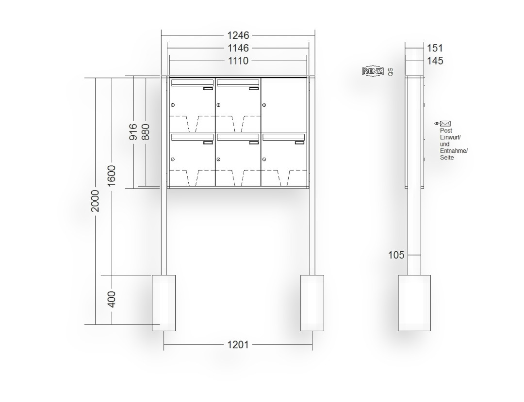 RENZ Briefkastenanlage freistehend · 5-teilig 370 × 440 × 145 mm QUADRA lackiert RENZ Briefkastenanlage freistehend · 5-teilig 370 × 440 × 145 mm QUADRA lackiert