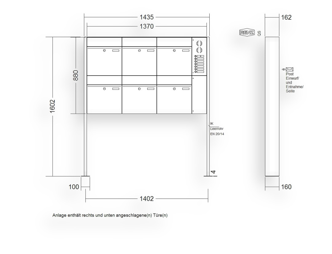 RENZ Briefkastenanlage freistehend · 6-teilig RENZ PLAN 400 × 440 × 160 mm FS Installationskasten rechts lackiert mit RENZ Briefkastenanlage freistehend · 6-teilig RENZ PLAN 400 × 440 × 160 mm FS Installationskasten rechts lackiert
