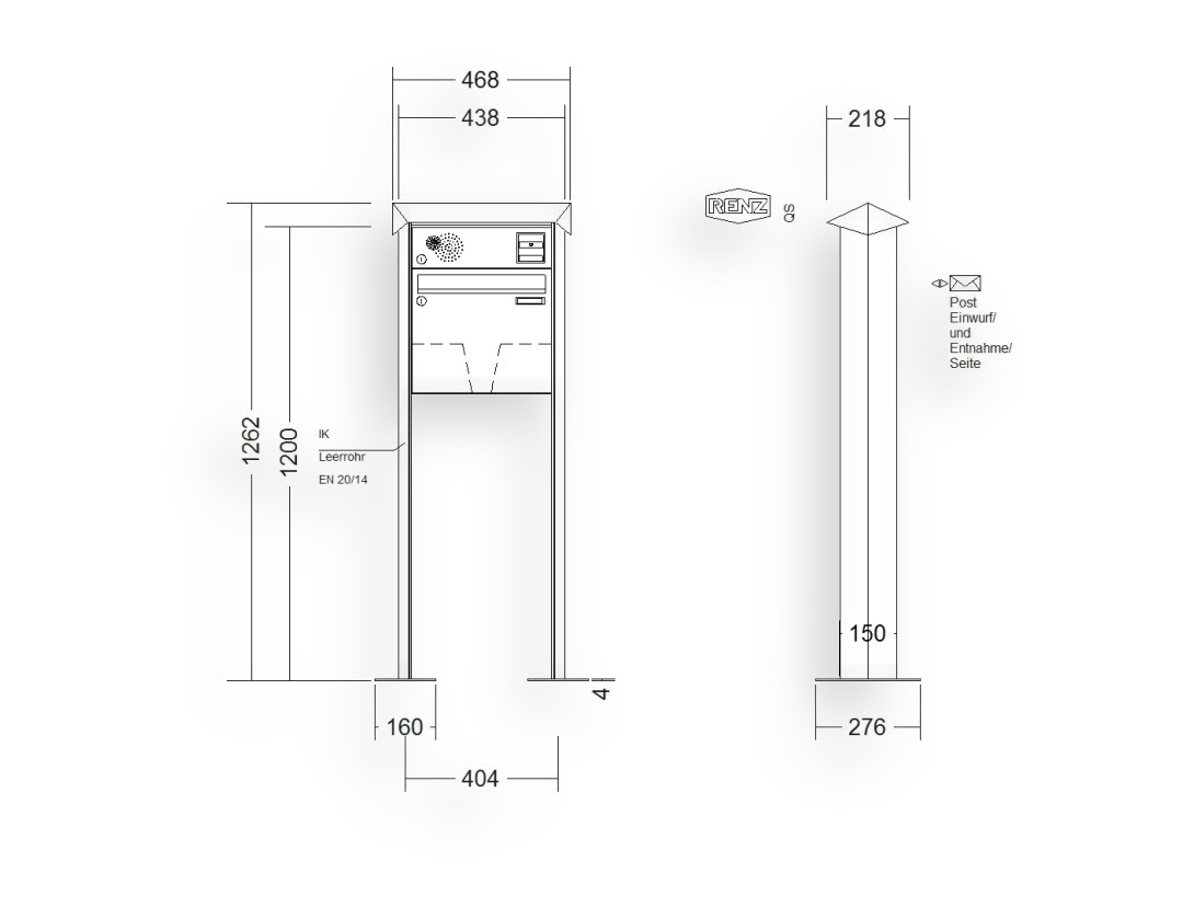 RENZ Briefkastenanlage freistehend · 1-teilig Installationskasten oben 370 × 330 × 100 mm Prisma lackiert mit Fuß RENZ Briefkastenanlage freistehend · 1-teilig Installationskasten oben 370 × 330 × 100 mm Prisma lackiert mit Fuß