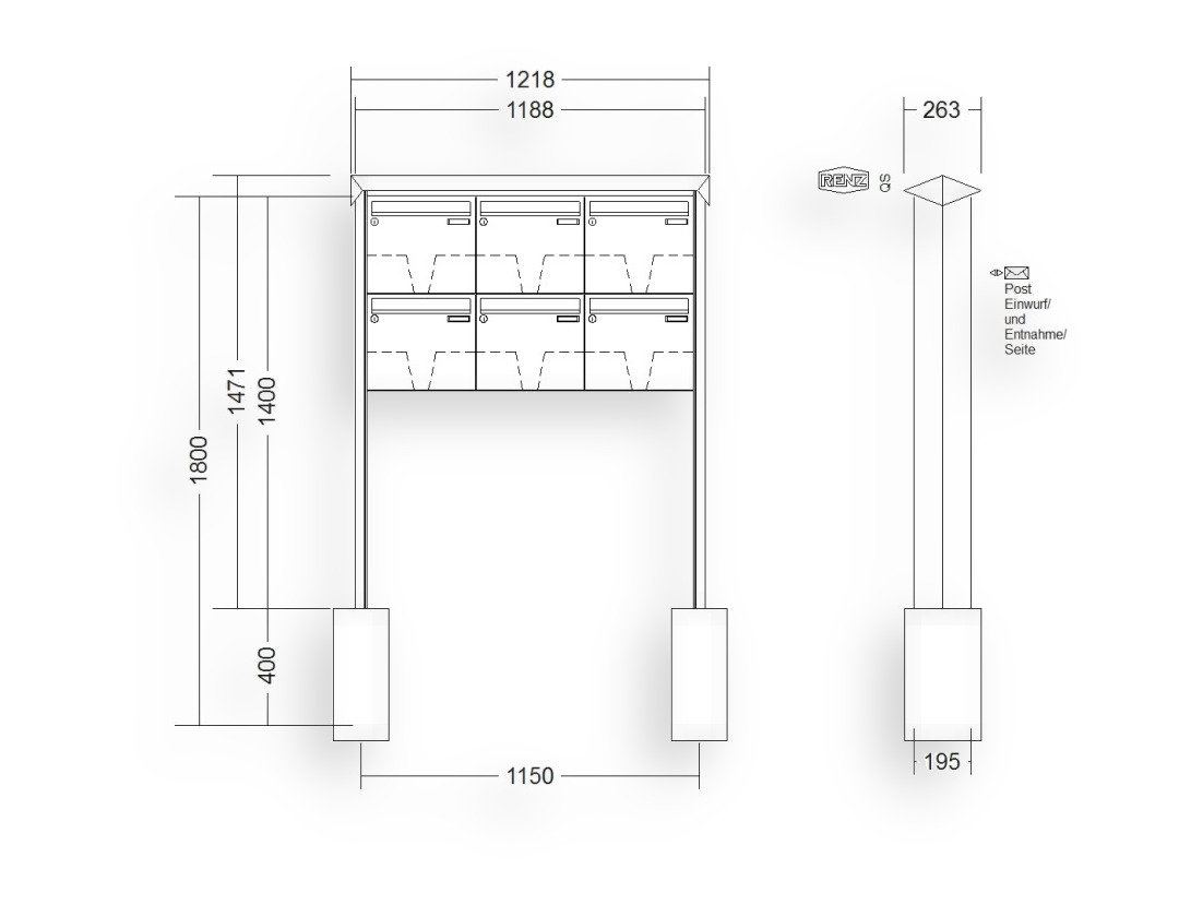 RENZ Briefkastenanlage freistehend · 6-teilig 370 × 330 × 145 mm Edelstahl Prisma RENZ Briefkastenanlage freistehend · 6-teilig 370 × 330 × 145 mm Edelstahl Prisma