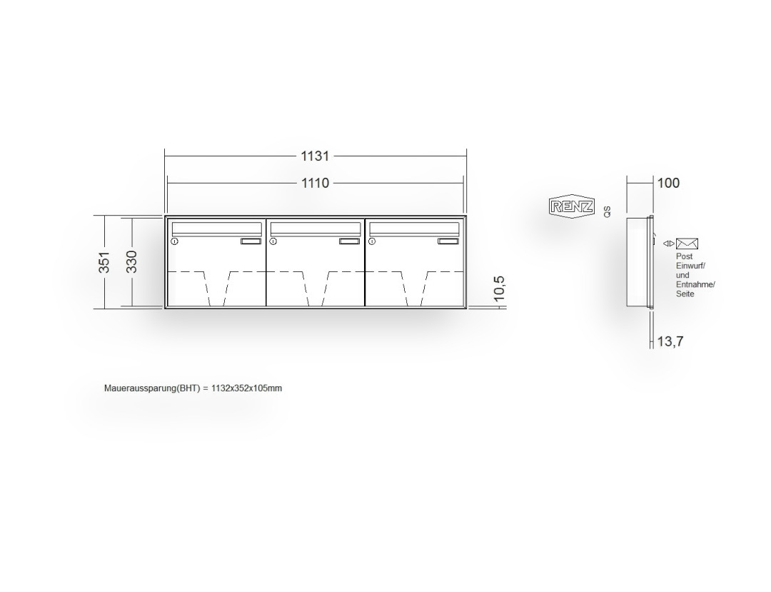 RENZ Briefkastenanlage Unterputz · 3-teilig 370 × 330 × 100 mm Anp. Schattenfugenrahmen la RENZ Briefkastenanlage Unterputz · 3-teilig 370 × 330 × 100 mm Anp. Schattenfugenrahmen la